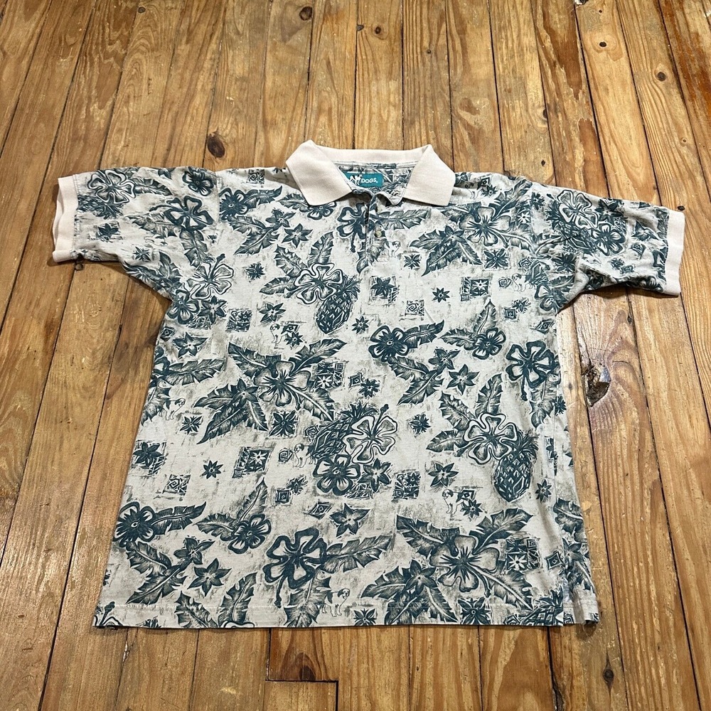 Big Dogs Polo Shirt Mens Large Tan Green Golf Pineapple‎ Hawaiian Print